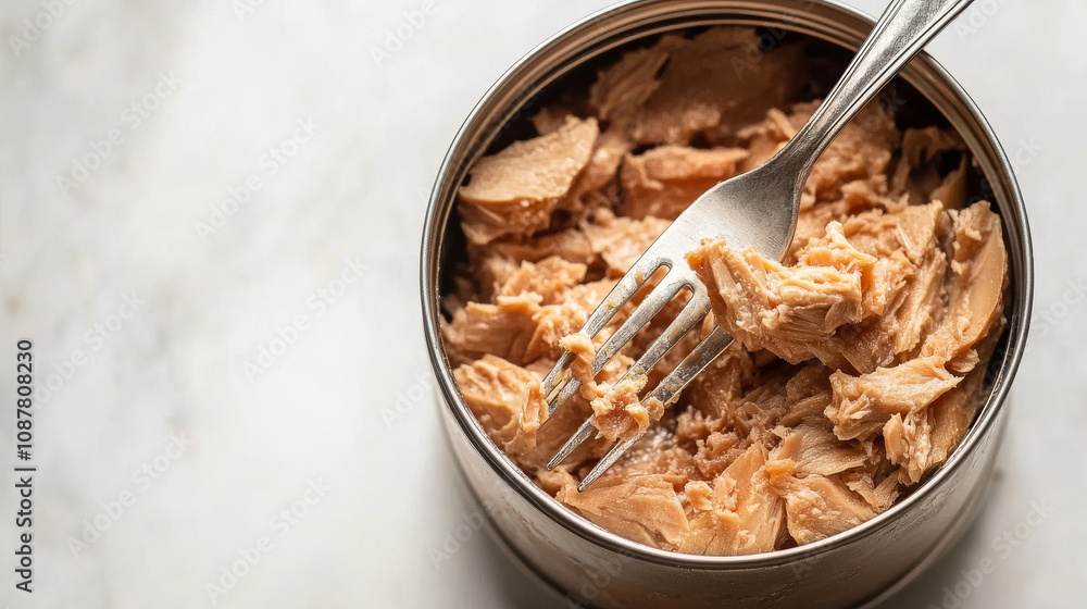 Close-up of canned tuna served in an open tin, garnished with fresh parsley and surrounded by lemon halves on a bright table.
Close-up of canned tuna served in an open tin, garnished with fresh parsley and surrounded by lemon halves on a bright table.