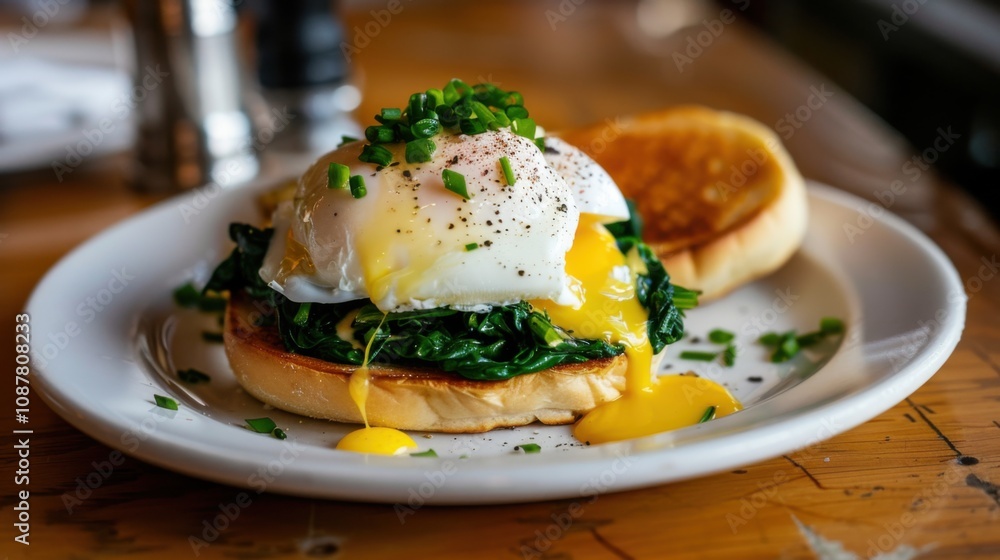 A savory plate of eggs Florentine with poached eggs, sautéed spinach A savory plate of eggs Florentine with poached eggs, sautéed spinach