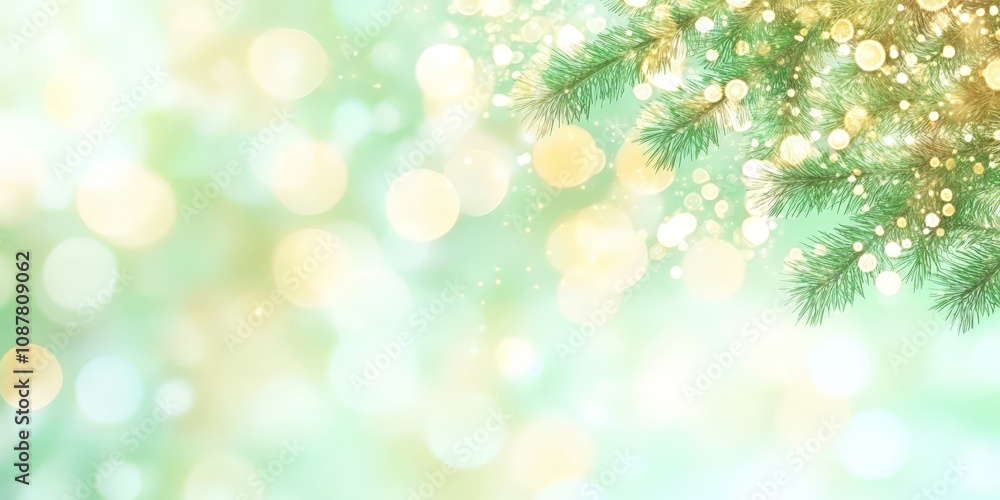 A festive background of green bokeh lights with pine tree branches, evoking a warm and cheerful holiday atmosphere. A festive background of green bokeh lights with pine tree branches, evoking a warm and cheerful holiday atmosphere.