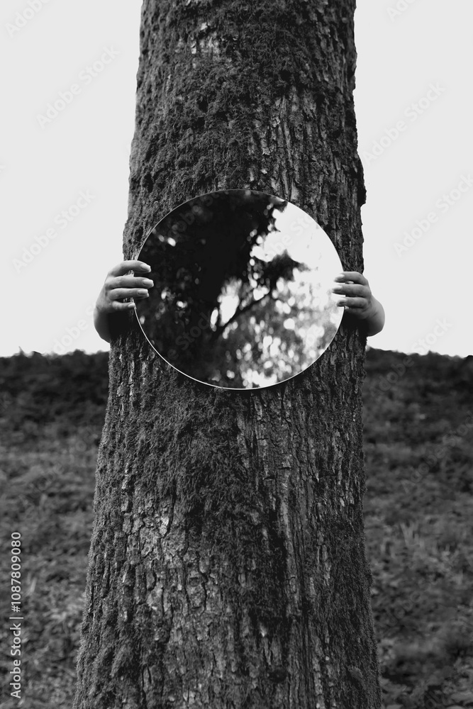 Naklejka premium Nature and environment concept. Woman hands holding a round mirror against a tree, reflecting tree branches. Image contains noise and motion blur. Black and white image