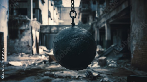 Wrecking Ball Devastation: A heavy wrecking ball hangs ominously amidst the ruins of a building, symbolizing destruction, demolition, and the aftermath of a cataclysmic event.  photo