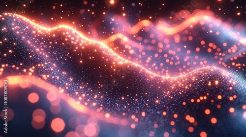 Abstract glowing particles forming a wavy pattern on a black background.