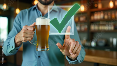 A man holds a glass of beer with a green checkmark symbolizing approval. Perfect for brewery promotions, bar advertising, and social media content related to drinks or decision making, copy space photo