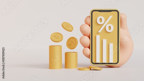 3d illustration of a hand holding mobile phone with graphics and percentage sign and golden money coins on the table on isolated background photo