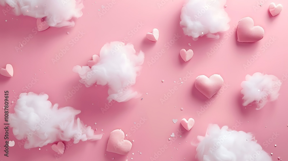 A whimsical arrangement of pink hearts and fluffy clouds on a soft pink background, evoking a playful and romantic atmosphere. A whimsical arrangement of pink hearts and fluffy clouds on a soft pink background, evoking a playful and romantic atmosphere.
