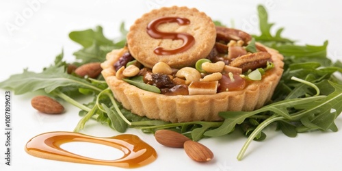 Nutty S Pastry A crunchy pastry filled with mixed nuts and honey shaped like a s and drizzled with caramel lying on a bed of greens. photo