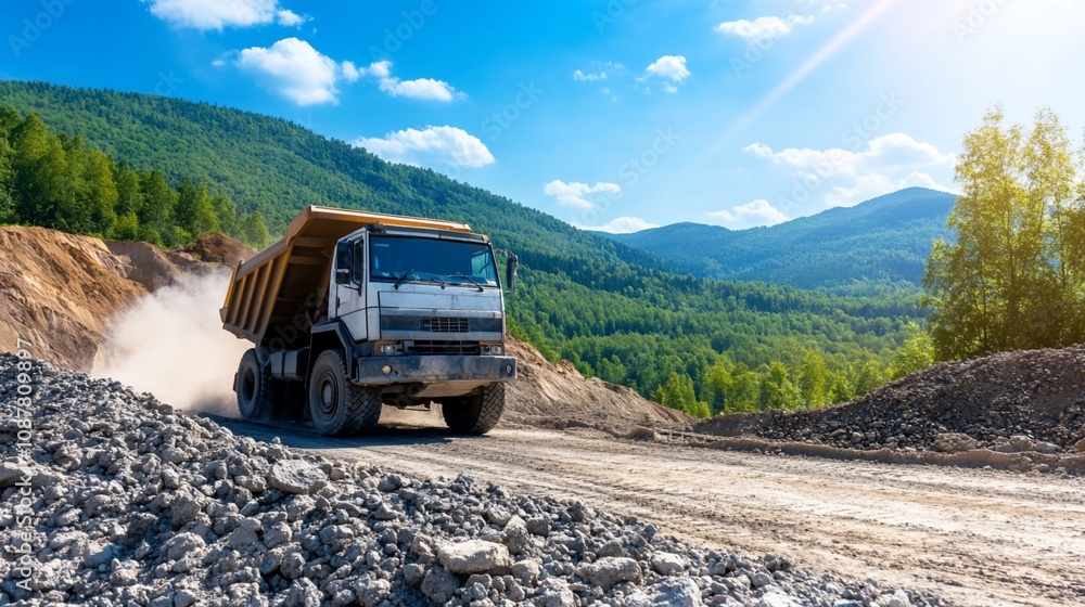 A dump truck navigating a gravel road in a mountainous landscape. A dump truck navigating a gravel road in a mountainous landscape.