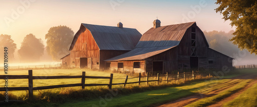 Sunlight shines on wooden barns and a split-rail fence in a misty field at sunrise, creating a peaceful rural scene.