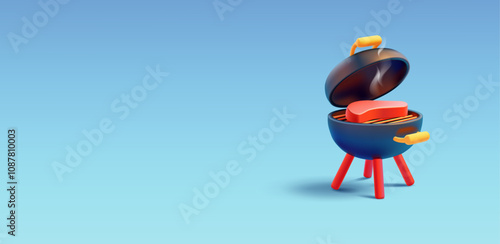 Round realistic barbecue grill 3D, meat, blue banner. BBQ. Modern banner for the concepts of recreation in nature, cooking delicious meat. Vector illustration.