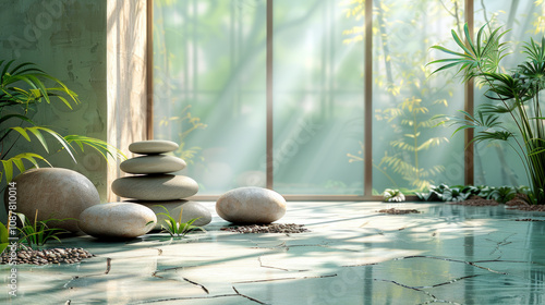 Serene Spa with Sunlit Zen Stones and Greenery
