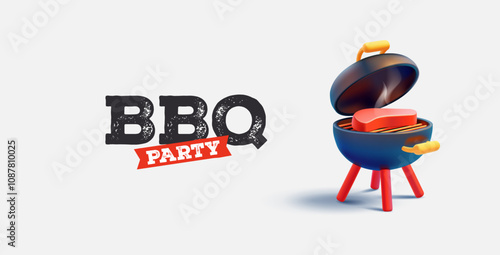 Barbecue party. BBQ. Modern white banner with 3D grill and meat. Realistic image for outdoor recreation, grilling food concepts. Vector illustration.