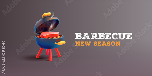 Picnic, the opening of the new season. 3D grill, steak, smoke. Dark banner for outdoor recreation concepts. Vector illustration.