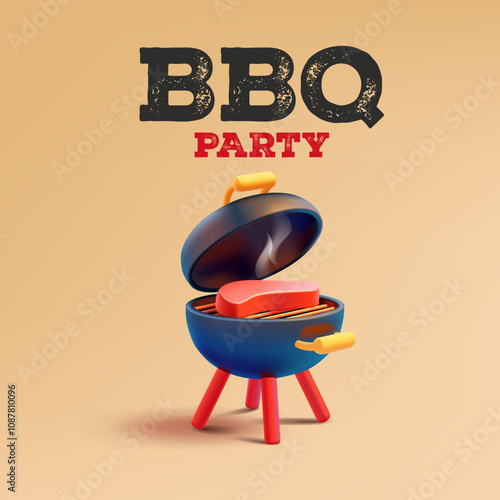 Summer barbecue party. 3D open grill with meat, and smoke. Celebration on the street. Cooking delicious food. Rest in nature. Vector illustration.