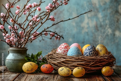 Colorful Decorated Eggs in a Woven Basket With Blooming Branches Set on a Rustic Wooden Table photo