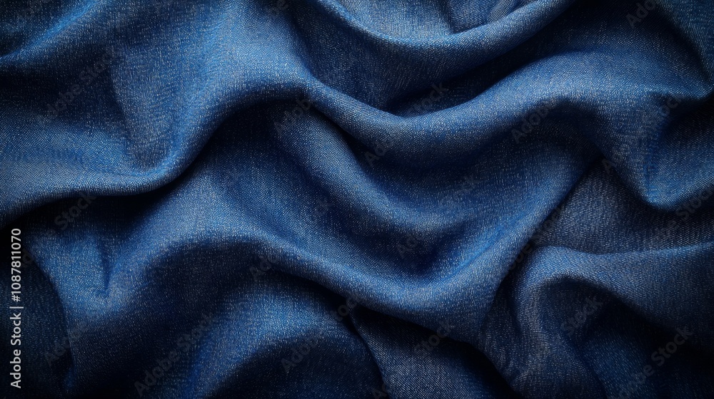 The rich blue fabric cascades and folds, inviting tactile exploration and sophisticated elegance The rich blue fabric cascades and folds, inviting tactile exploration and sophisticated elegance