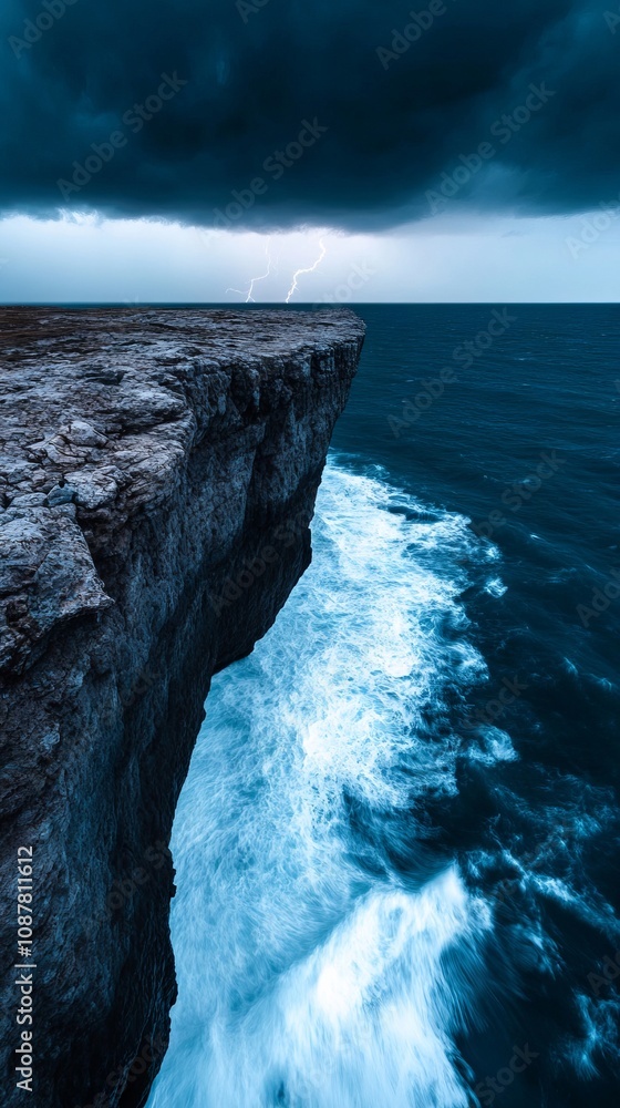 A stormy sky over the ocean with a lightning bolt coming out of the cliff A stormy sky over the ocean with a lightning bolt coming out of the cliff