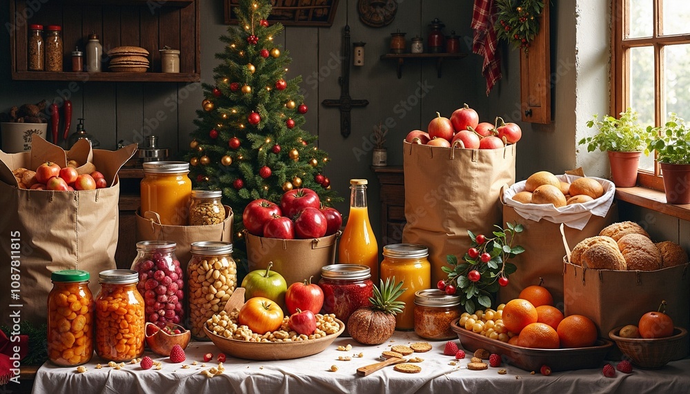 Christmas fundraisers for the homeless. Picture of a Christmas food donation scene with an emphasis on fresh fruit and baked goods in a cozy setting Christmas fundraisers for the homeless. Picture of a Christmas food donation scene with an emphasis on fresh fruit and baked goods in a cozy setting
