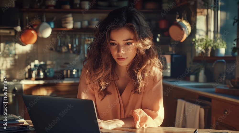 The Woman Using Laptop Intently The Woman Using Laptop Intently