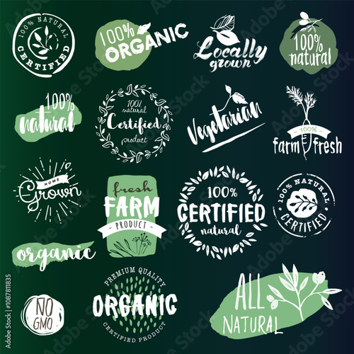 Set of organic, natural, vegetarian, vegan, farm fresh, locally grown, certified and gmo free product labels with green and white colors