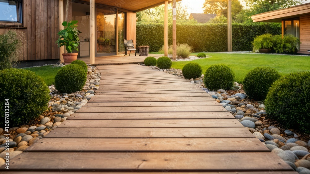 Obraz premium Serene Garden Path: A beautifully designed wooden path leads through a meticulously manicured garden, flanked by ornamental bushes and lush green lawns, evoking a sense of peace and tranquility.