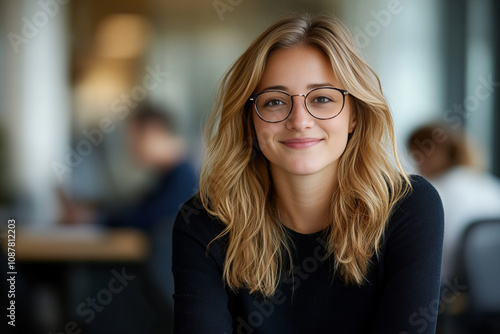 Professional young blonde female in office environment, showcasing corporate elegance, modern workplace, and confident personality for business, education, and teamwork themes