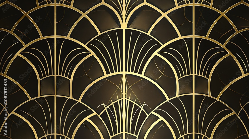 A decorative art deco pattern featuring golden lines and curves on a dark background, ideal for backgrounds or designs. A decorative art deco pattern featuring golden lines and curves on a dark background, ideal for backgrounds or designs.