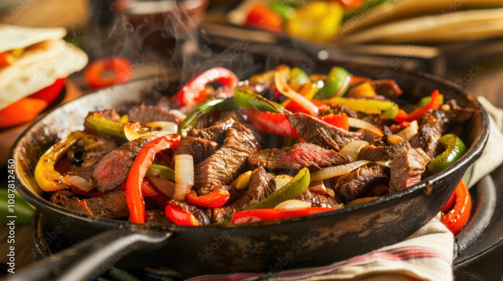 A sizzling skillet of fajitas filled with tender strips of steak, bell peppers A sizzling skillet of fajitas filled with tender strips of steak, bell peppers
