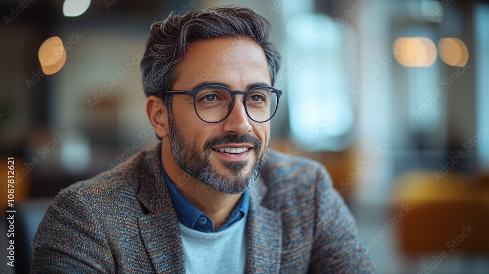 Close-up of a man at work in a corporate office, smiling and displaying a friendly, professional demeanor Close-up of a man at work in a corporate office, smiling and displaying a friendly, professional demeanor