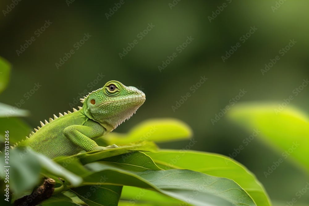 Fototapeta premium A Vibrant Green Lizard Resting on Lush Green Leaves in a Serene Garden During the Daytime