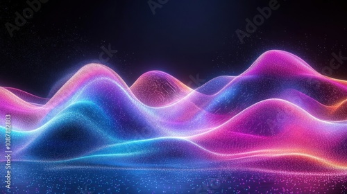 Abstract neon wave pattern with vibrant colors and glowing particles on a dark background.