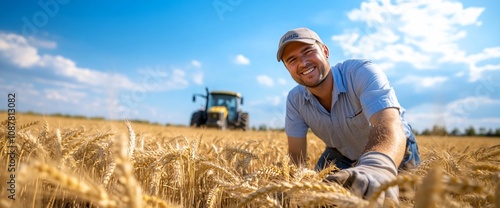 A farmer smiles while inspecting wheat in a field, with a tractor in the background.