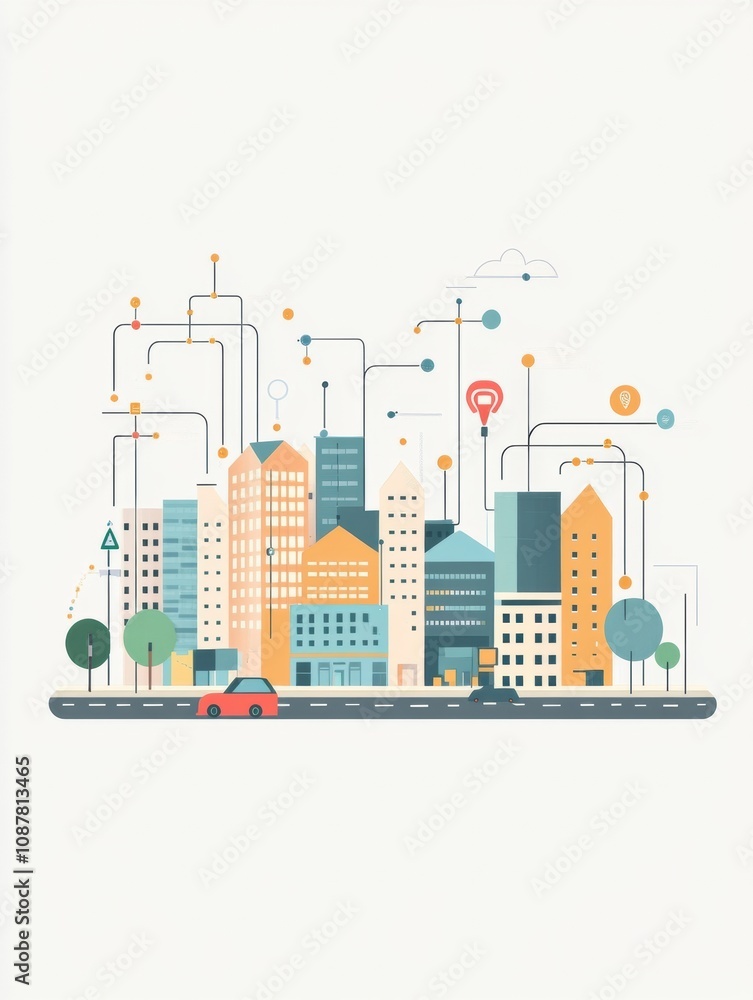 Fototapeta premium This smart city features sleek buildings interconnected through a sophisticated AI network, emphasizing urban innovation. Generative AI
