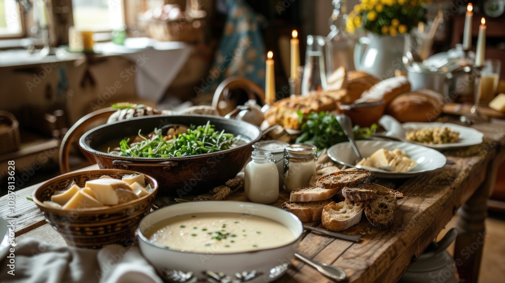 Rustic breakfast feast with fresh breads, cheeses, and greens in a cozy cottage kitchen Rustic breakfast feast with fresh breads, cheeses, and greens in a cozy cottage kitchen