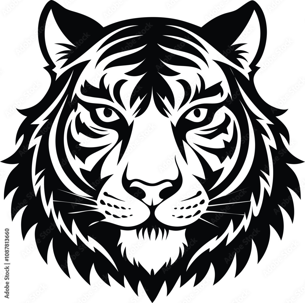 Fototapeta premium Tiger face in Black and White silhouette illustration 