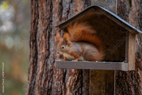Beautiful autumn scene with a cute European red squirrel in a bird feeder