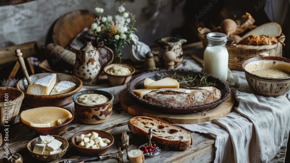 Rustic breakfast spread with artisan bread, cheese, and fresh milk on wooden table Rustic breakfast spread with artisan bread, cheese, and fresh milk on wooden table
