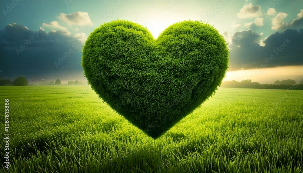 Fresh green moss in heart shape hover above grass field as valentine concept for love nature, 3d illustration