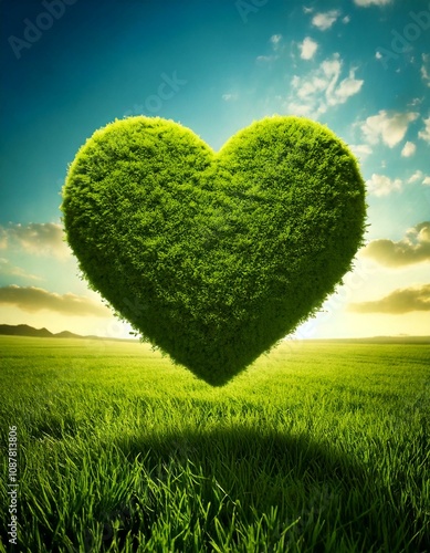 Fresh green moss in heart shape hover above grass field as valentine concept for love nature, 3d illustration