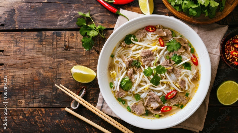 A steaming bowl of pho with thinly sliced beef, fresh herbs A steaming bowl of pho with thinly sliced beef, fresh herbs