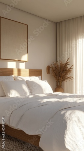 Sunlit Minimalist Bedroom with Wooden Bed and Pampas Grass