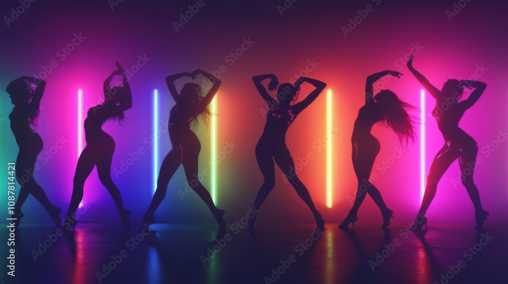 Seven female silhouettes dancing in front of colorful neon lights.