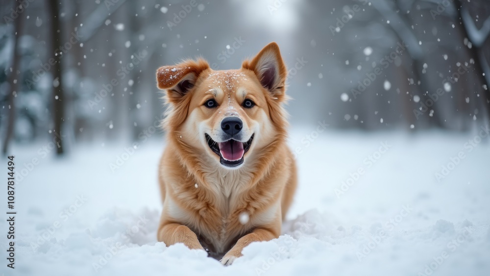 A cheerful golden retriever lies in the thick snow, surrounded by gently falling snowflakes in a tranquil forest, embodying winter joy and playfulness A cheerful golden retriever lies in the thick snow, surrounded by gently falling snowflakes in a tranquil forest, embodying winter joy and playfulness