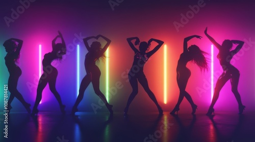 Obraz na płótnie Seven female silhouettes dancing in front of colorful neon lights. w salonie
