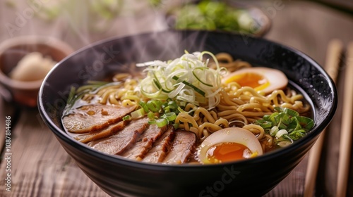 A steaming bowl of traditional ramen noodles, topped with slices of tender pork