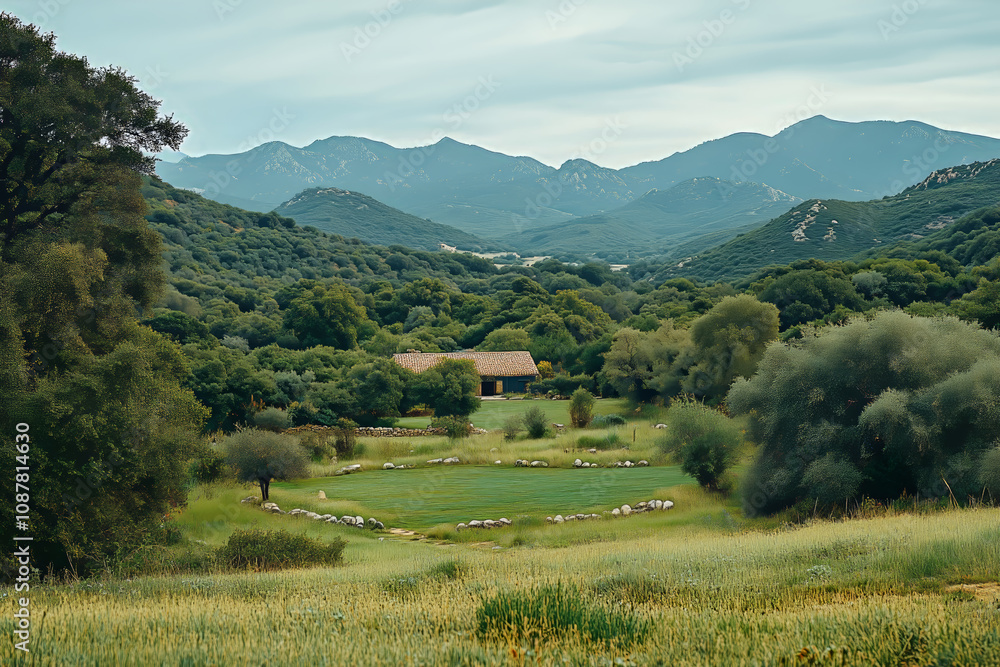 A peaceful view of diverse species in a lush valley surrounded by mountains A peaceful view of diverse species in a lush valley surrounded by mountains