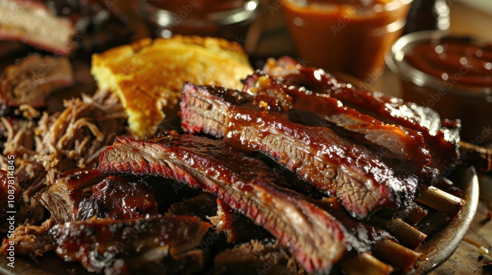 A succulent barbecue platter piled high with ribs, brisket A succulent barbecue platter piled high with ribs, brisket