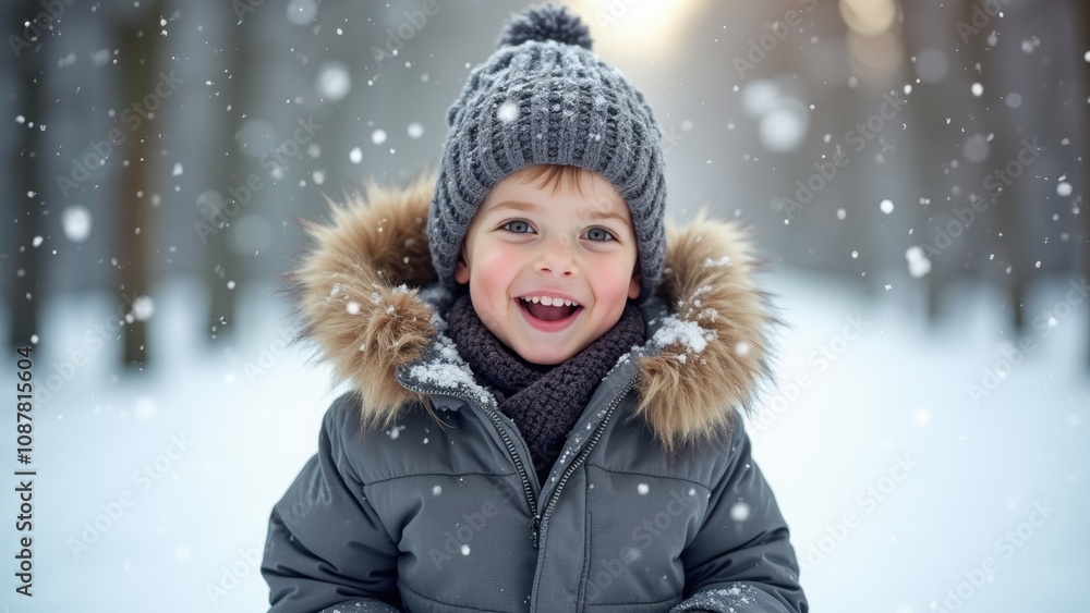 A cheerful boy enjoys a winter day in a snowy forest, bundled up in warm clothing and smiling as snowflakes gently fall around him A cheerful boy enjoys a winter day in a snowy forest, bundled up in warm clothing and smiling as snowflakes gently fall around him