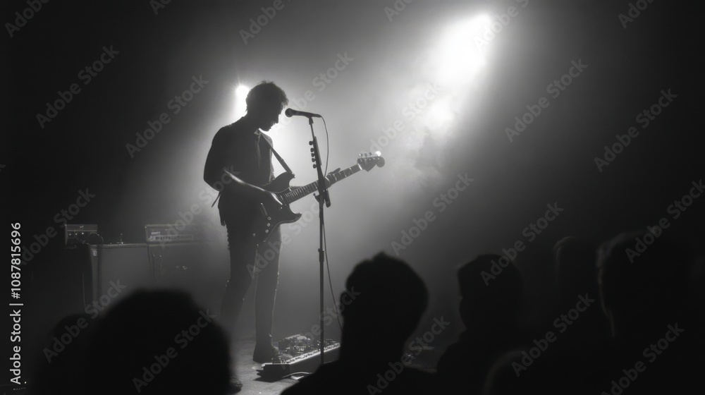 Obraz premium Silhouette of a guitarist performing on stage in front of an audience.