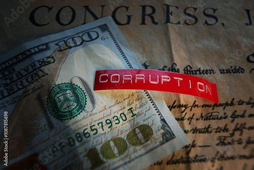 Red Corruption label on a hundred dollar bill and US Constitution photo