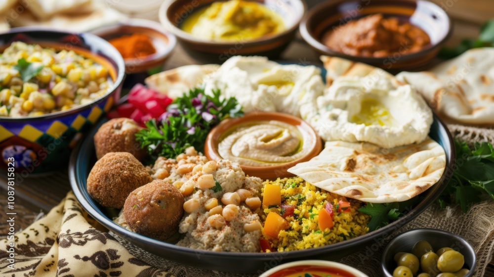 A sumptuous platter of Middle Eastern mezze including hummus, falafel A sumptuous platter of Middle Eastern mezze including hummus, falafel